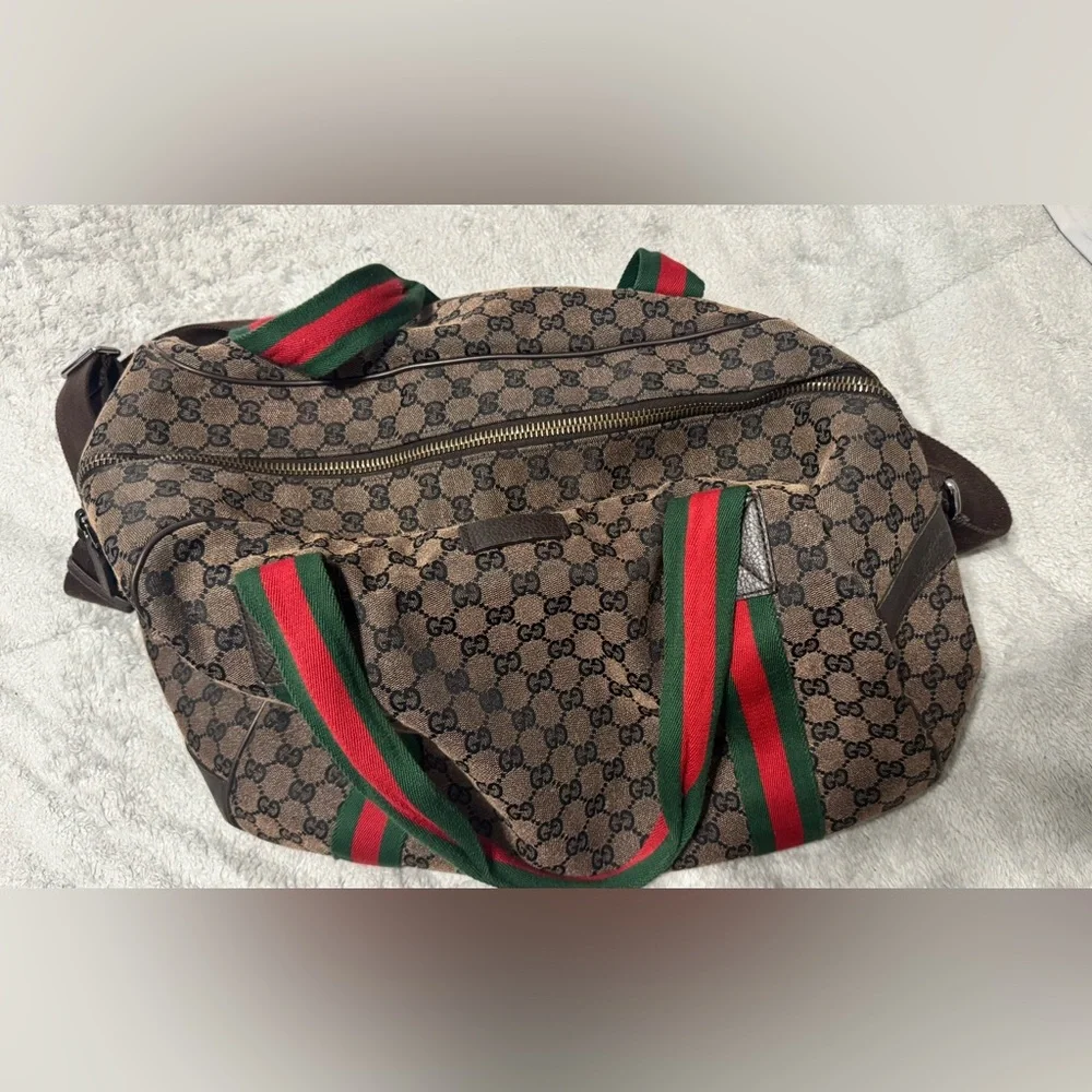 Gucci Brown Monogram Duffel Bag with Green and Red Stripes - Picture 2 of 2
